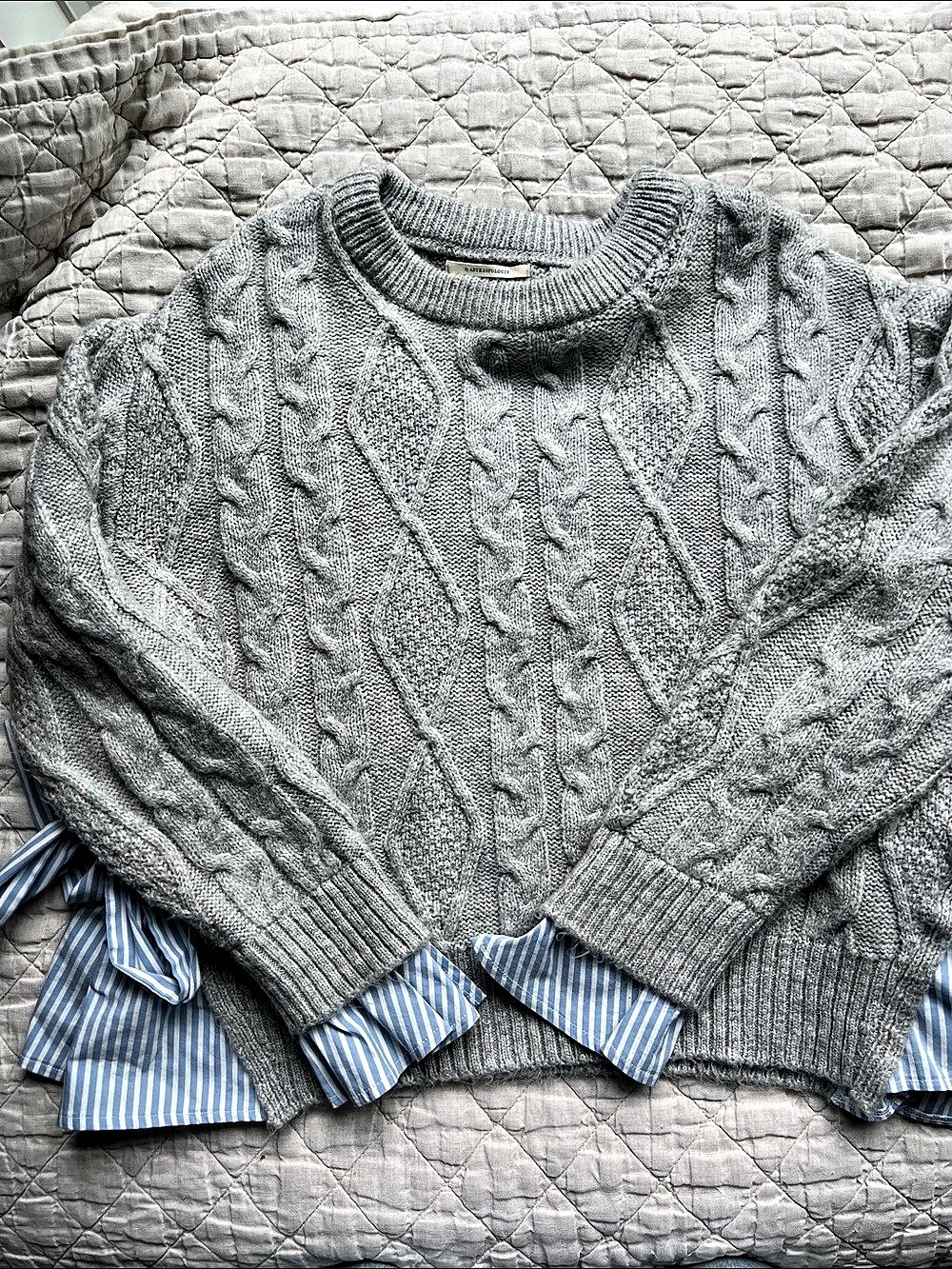 Anthropologie By Anthropologie Layered Cable Knit & Poplin Hem Sweater Layered